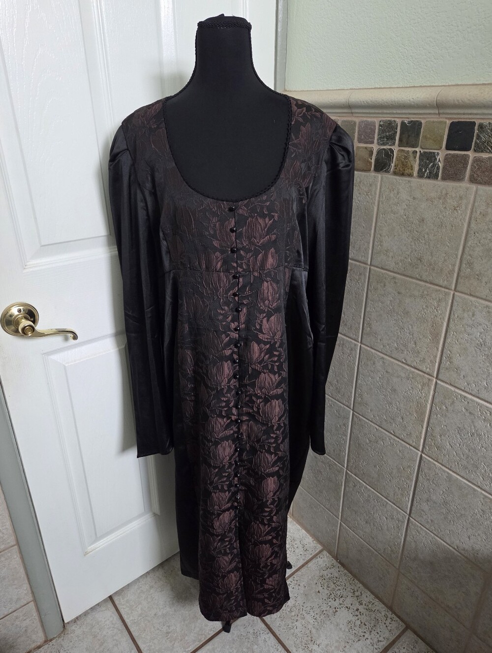 Disturbia Black Long Sleeve Dress with Plum Floral Panel & Button Design Goth 14